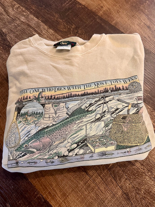 Vintage Orvis Crewneck (XL) “One who dies with the most toys wins” - Beige