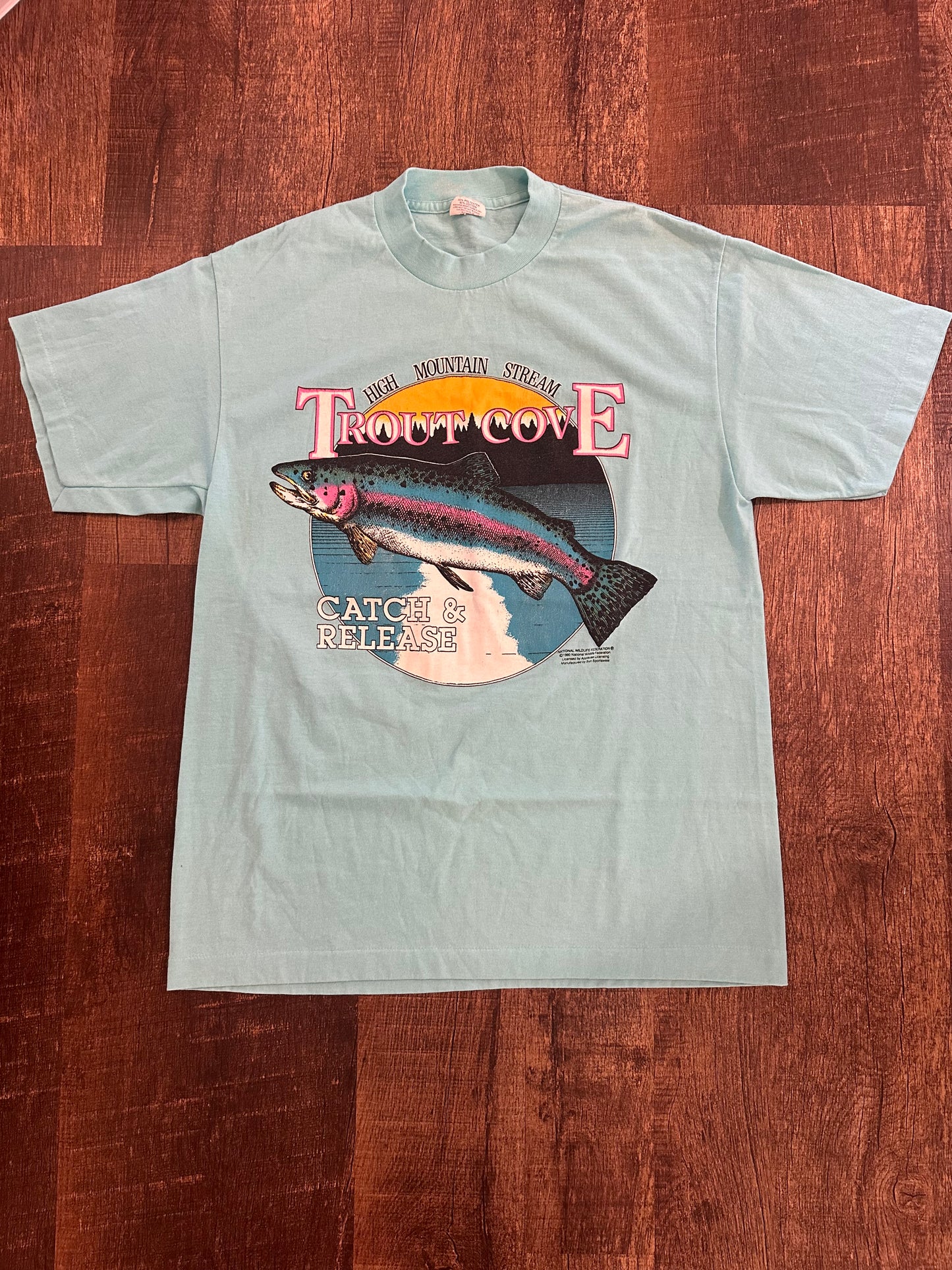 Vintage 1990 Sun Sportswear T (M) Trout Cove Catch & Release - Blue / Turquoise
