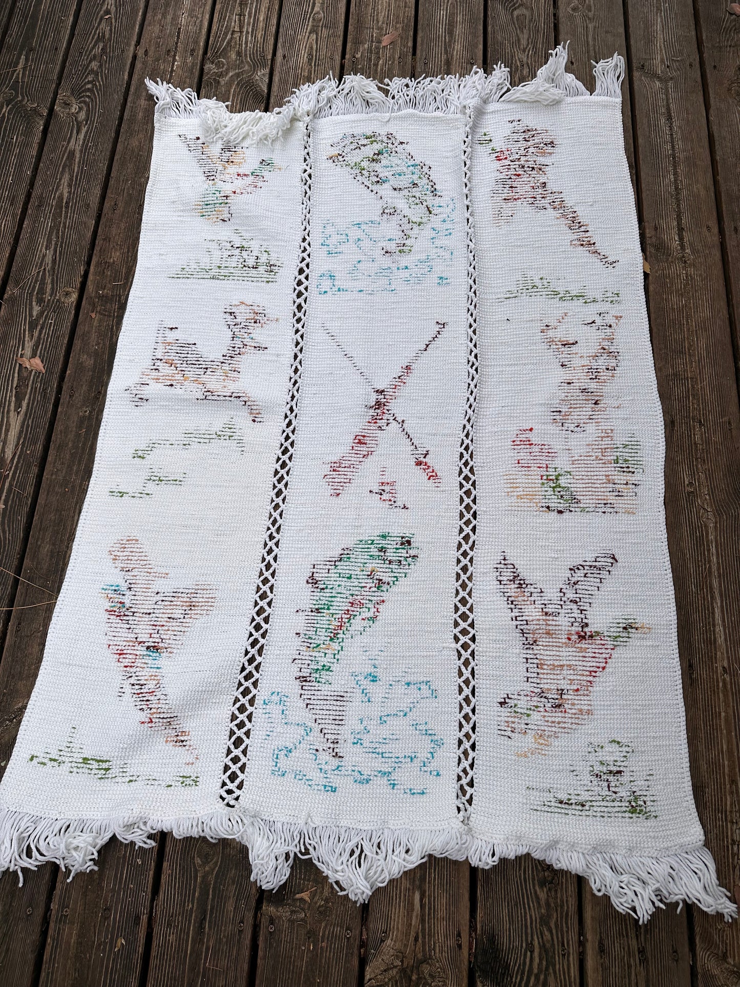 Vintage Mary Maxim Hand Knit Blanket - Hunting Deer, Ducks, Pheasant, Bass, Trout