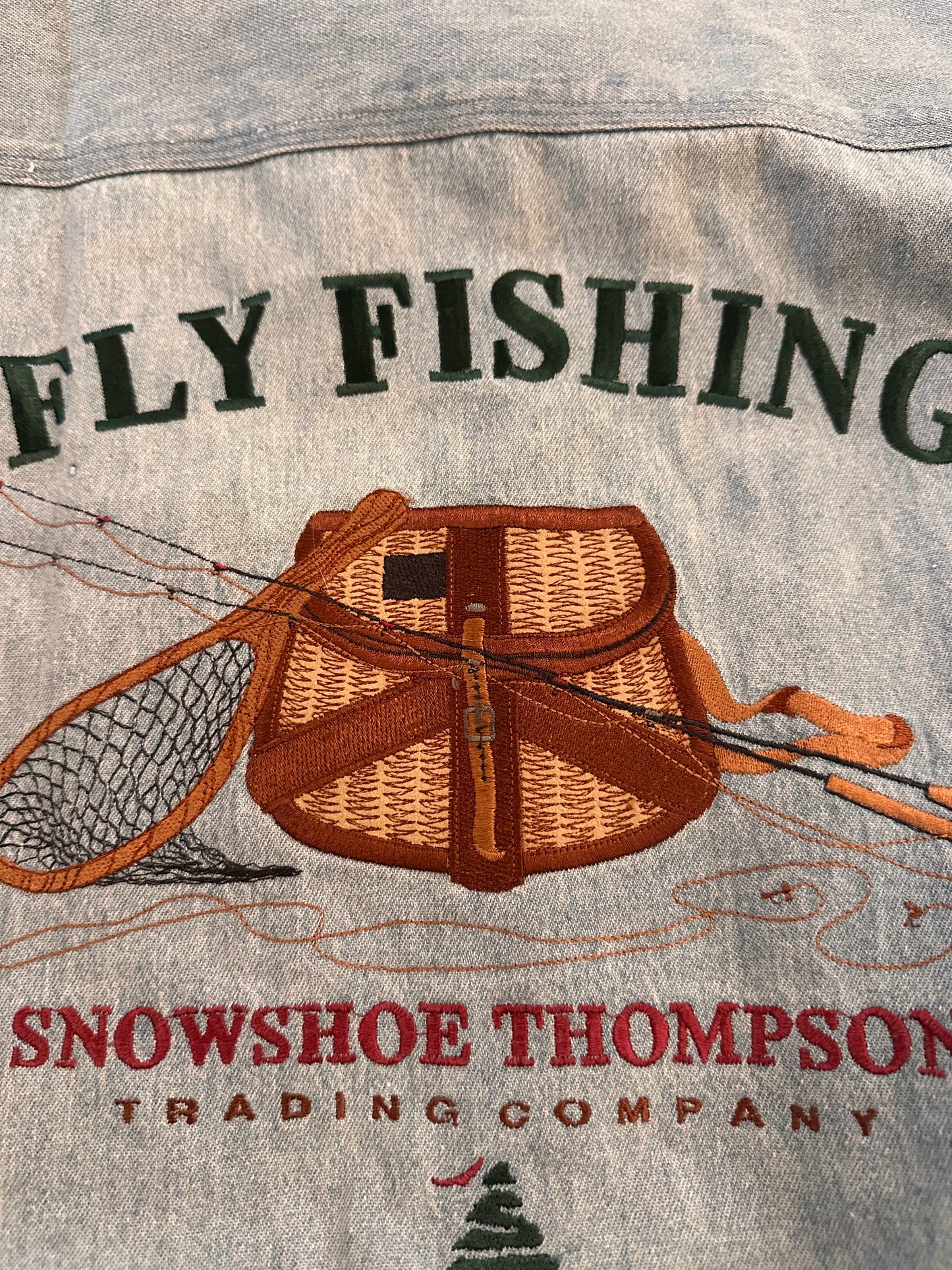 Vintage Snowshoe Thompson Button Down (L) Embroidered Fly Fishing on Back