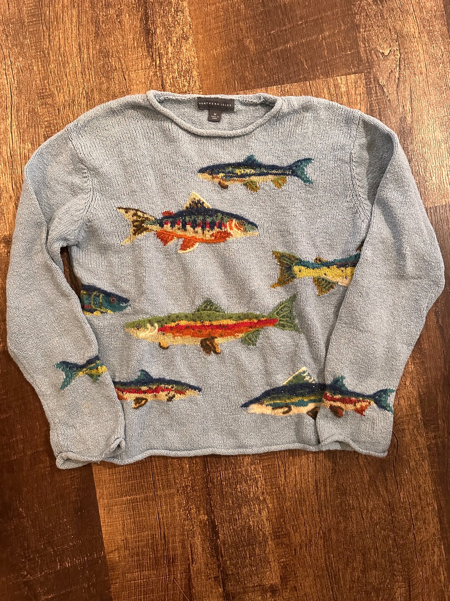 Rare Vintage Northern Isles Knit Beaded Trout Sweater (M) Blue