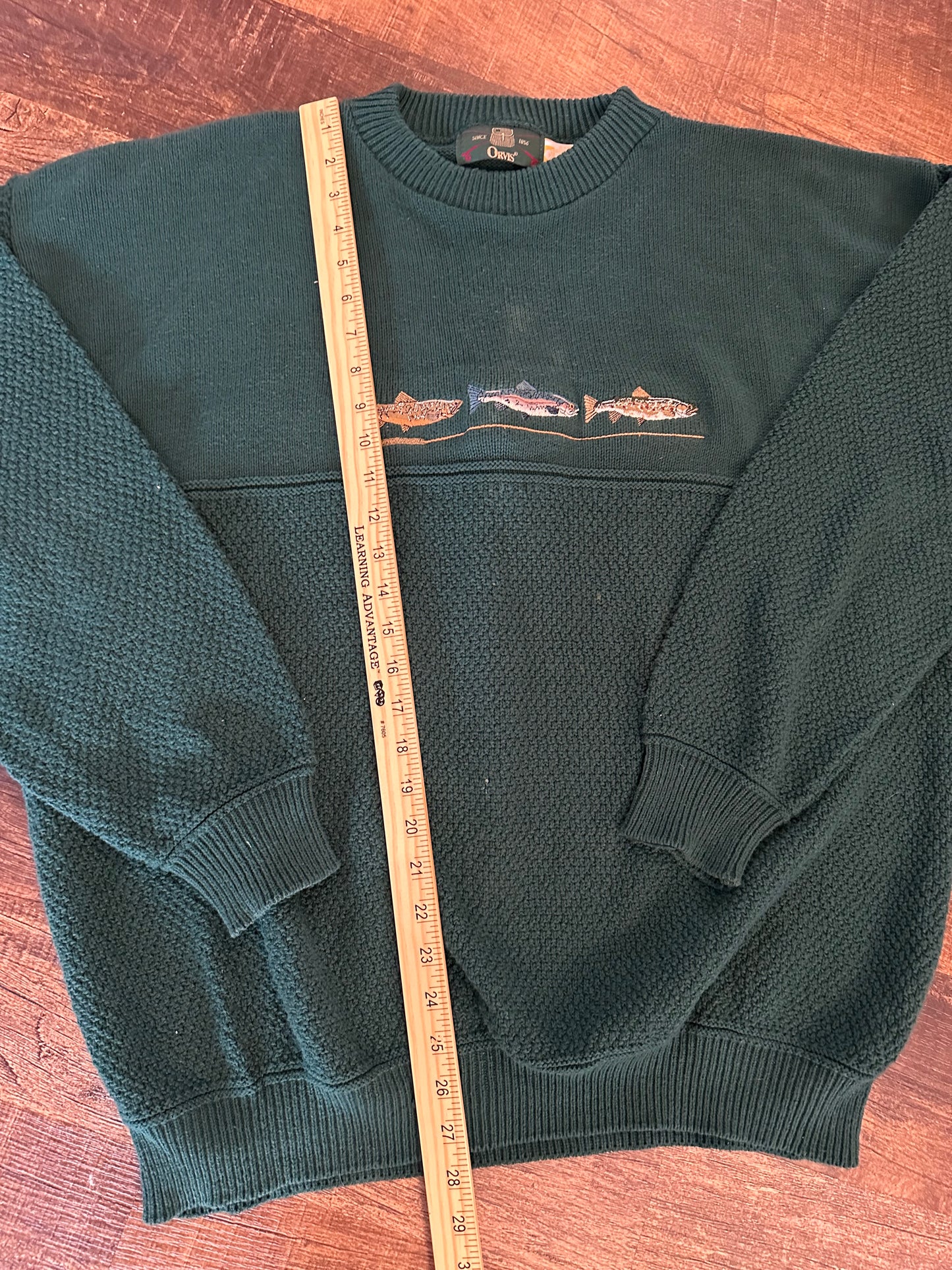 Vintage Orvis Sweater (XXL) Embroidered Trout and Fly Rod - Forest Green