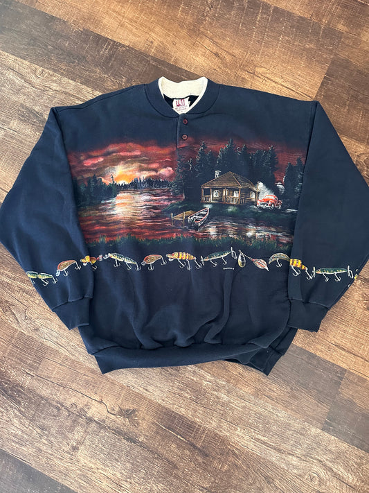 Vintage AU Art Unlimited Henley Crewneck (XL) Fishing Lures Cabin Boat Scene - Black