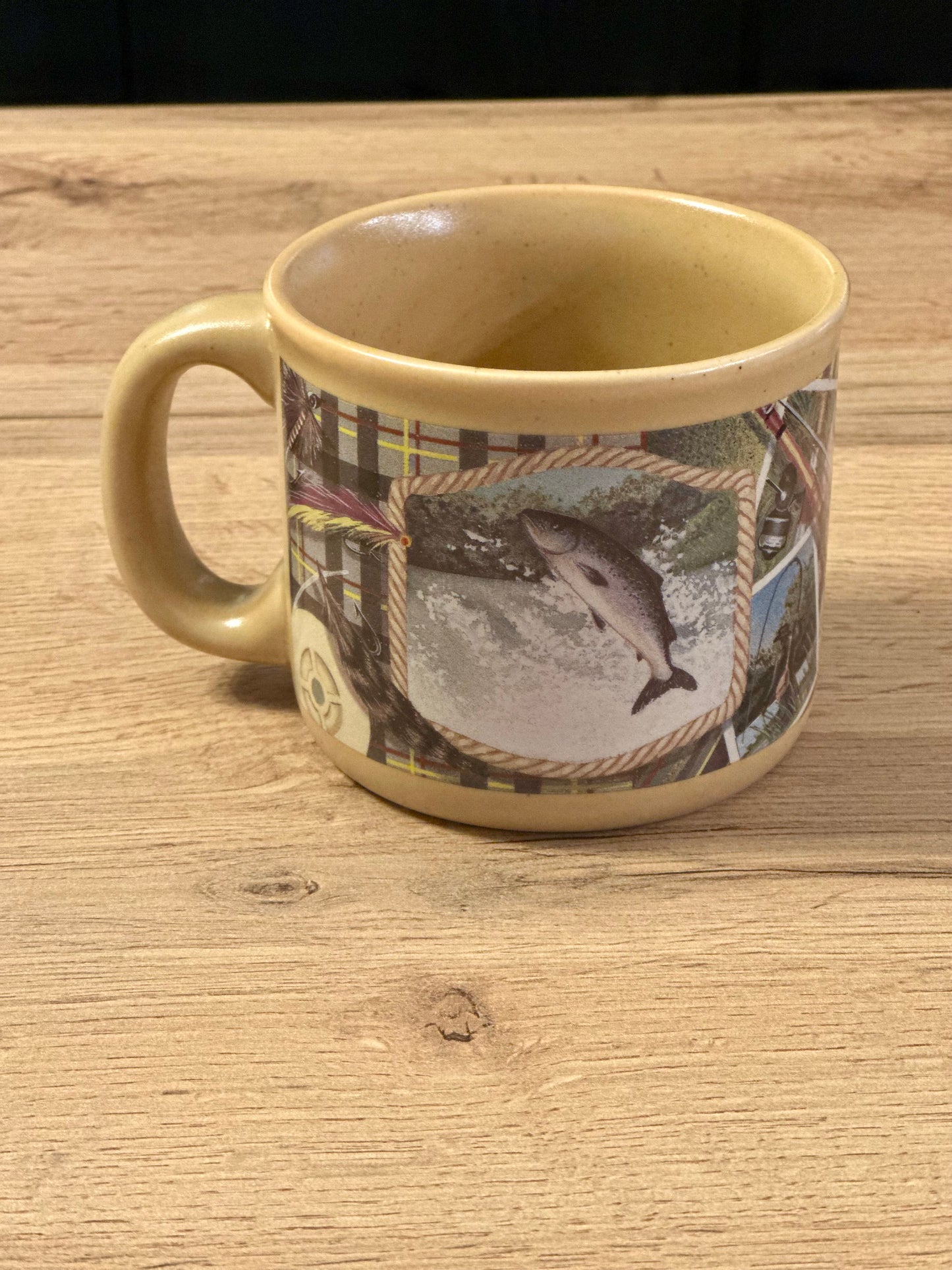 Vintage 1960s Tan Russ Berrie Mug with Trout and Fishing Gear