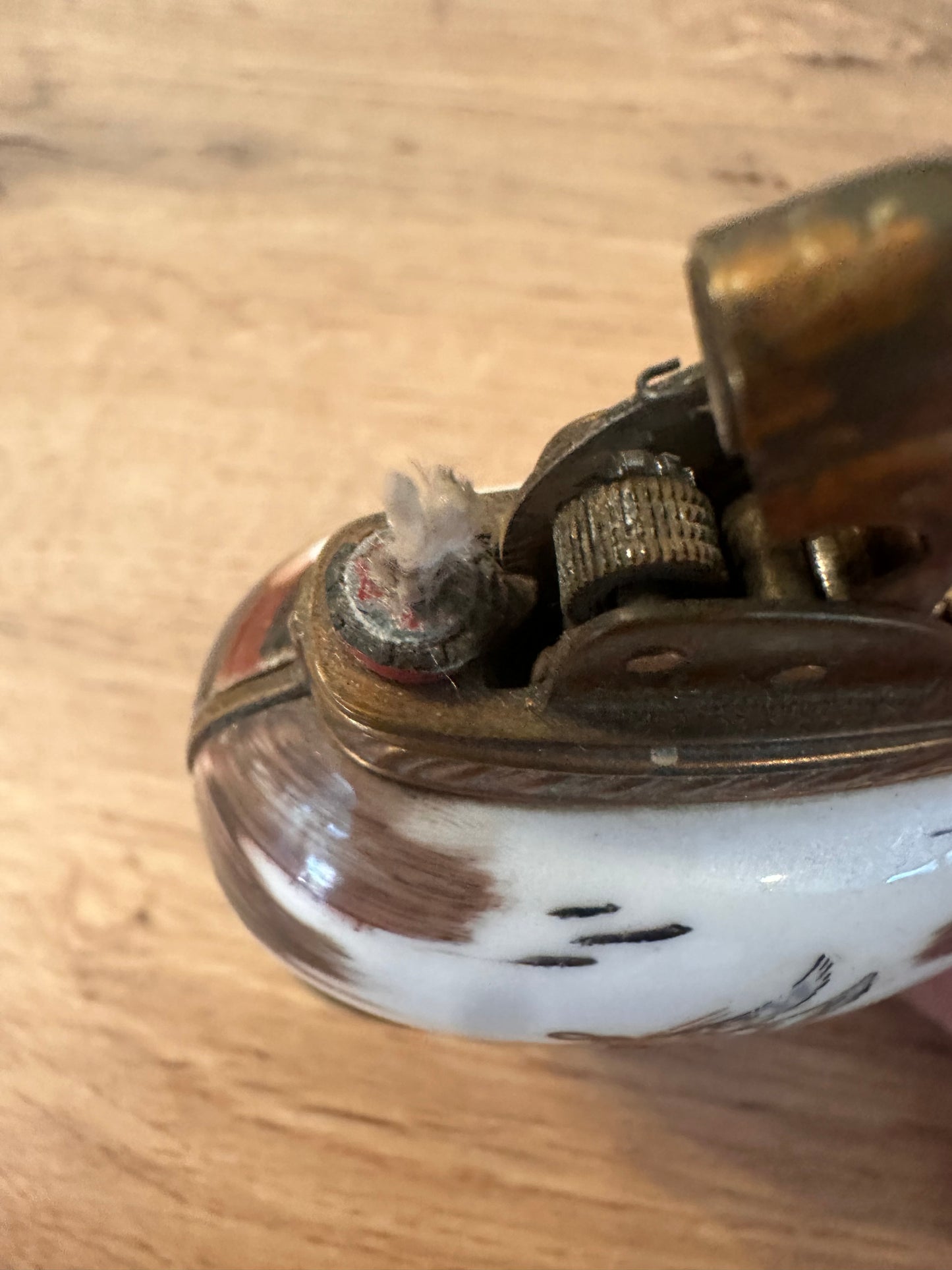Vintage 1950s Evans Porcelain and Brass Fly Fishing Table Lighter 3.5”