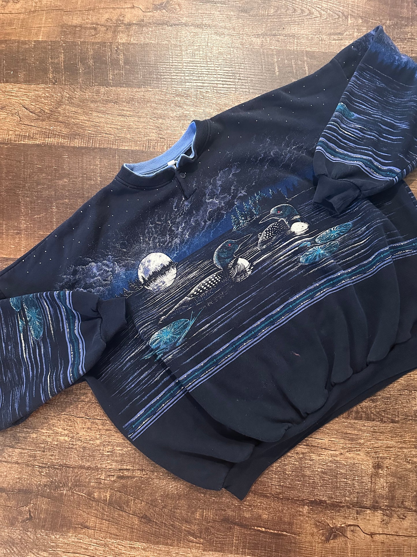 Vintage Art Unlimited Henley Crewneck (XXL) Loons at Night