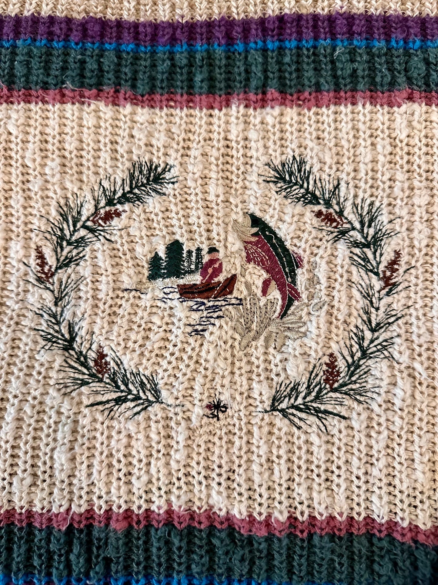 Vintage Woolrich Sweater (XL) Embroidered Drift Boat Trout Scene