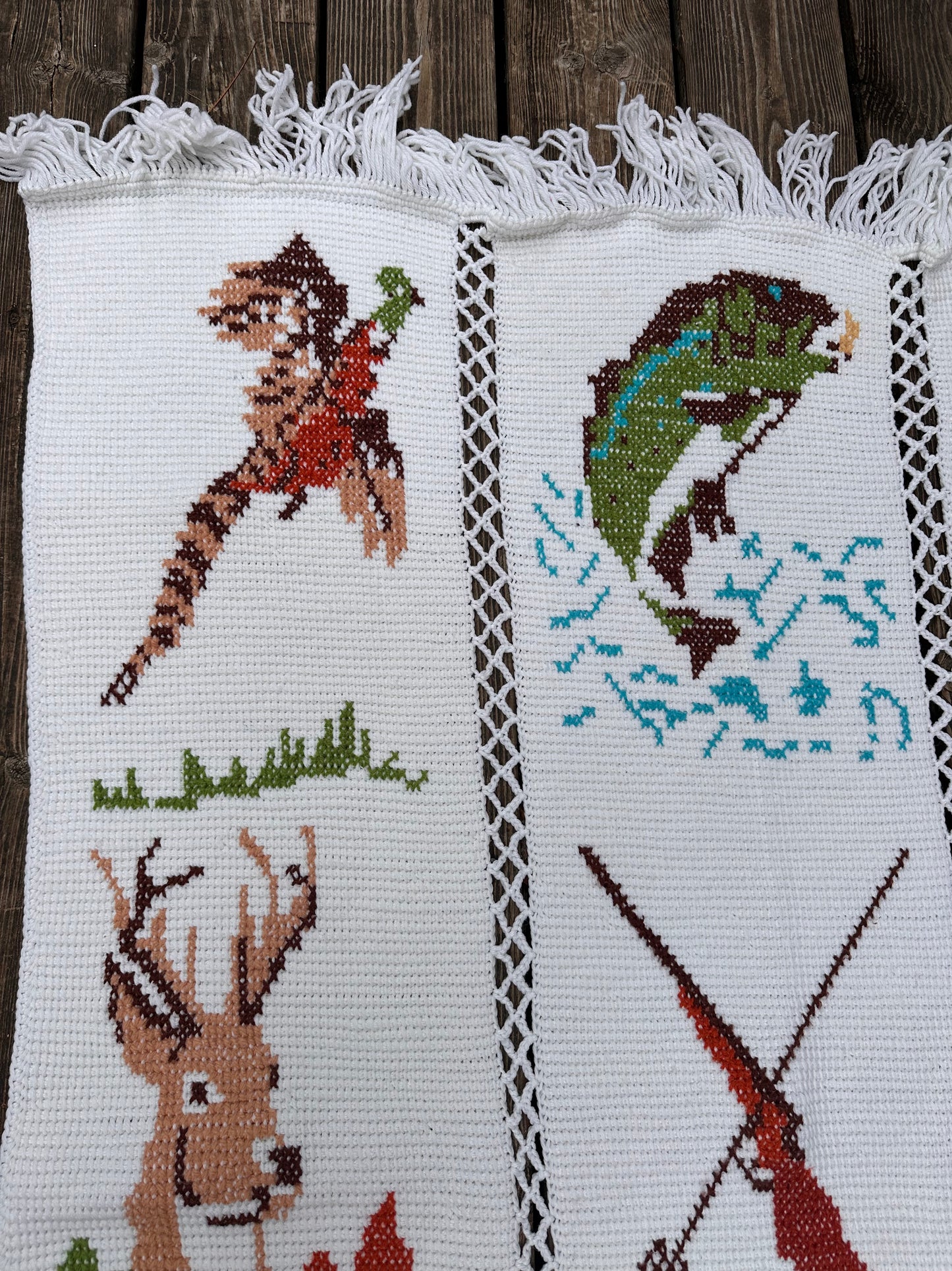 Vintage Mary Maxim Hand Knit Blanket - Hunting Deer, Ducks, Pheasant, Bass, Trout