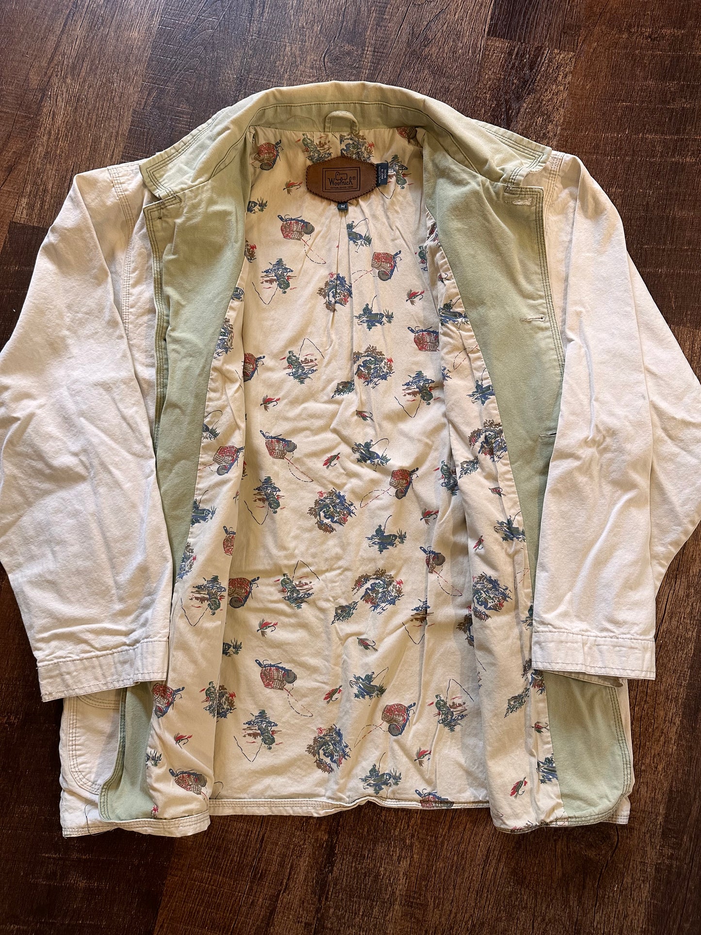 Vintage Woolrich Chore Coat (M) Fly Fishing Lining - Cream with Green Lining