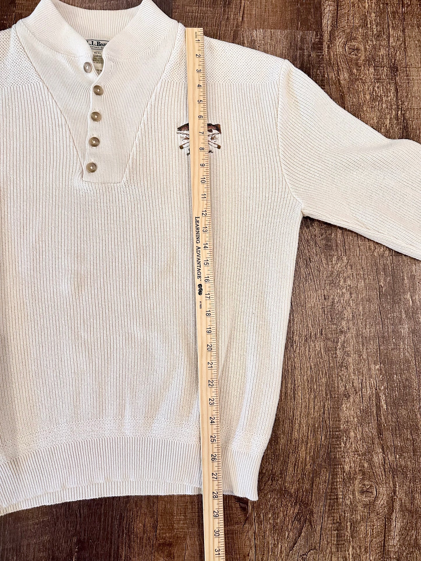 Vintage L.L. Bean Henley Sweater (L) Embroidered Trout & Fly Rods Cream White