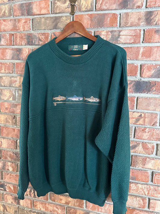 Vintage Orvis Sweater (XXL) Embroidered Trout and Fly Rod - Forest Green