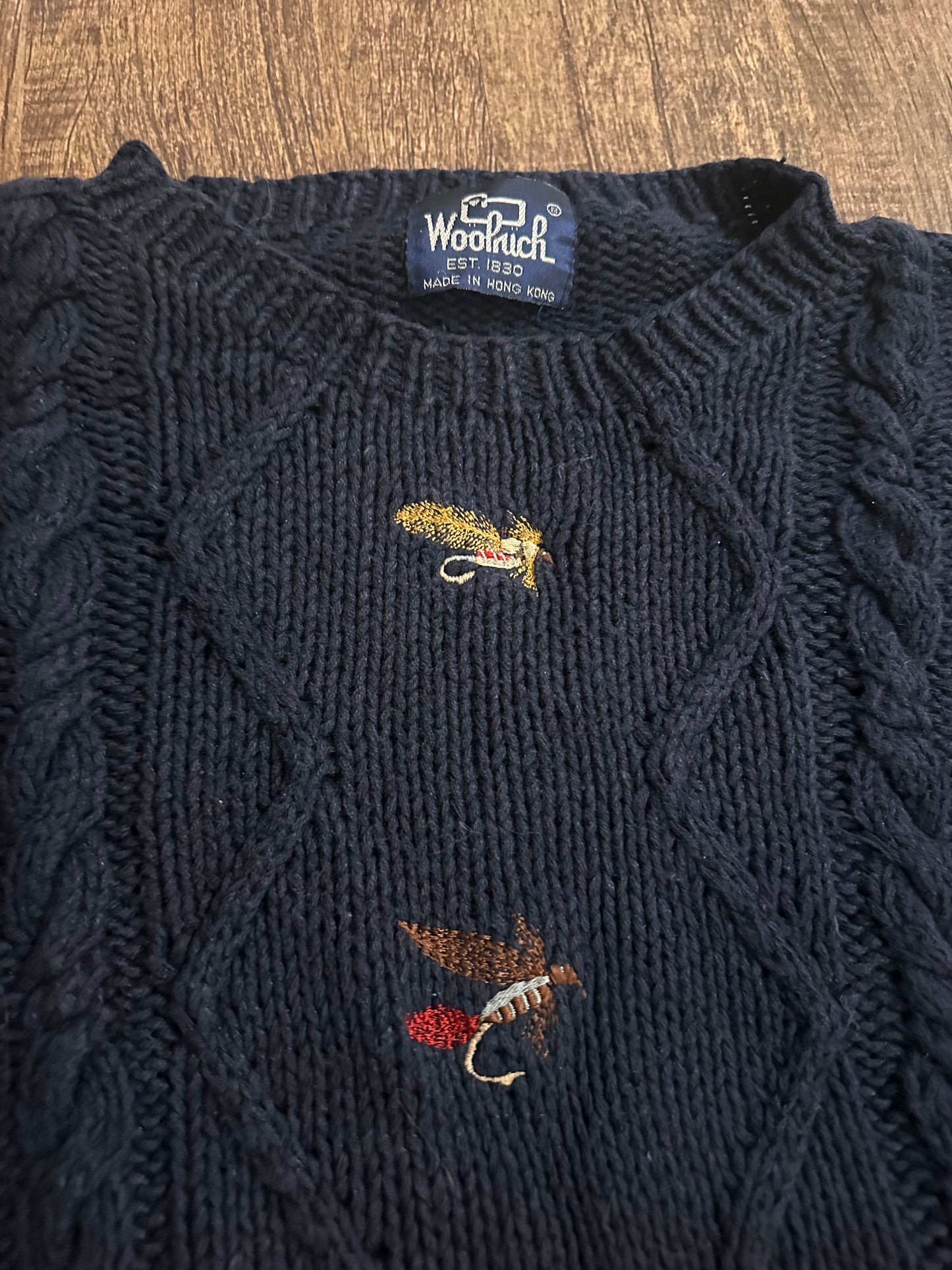 Vintage Woolrich Sweater (M) Embroidered Fly Lures - Navy