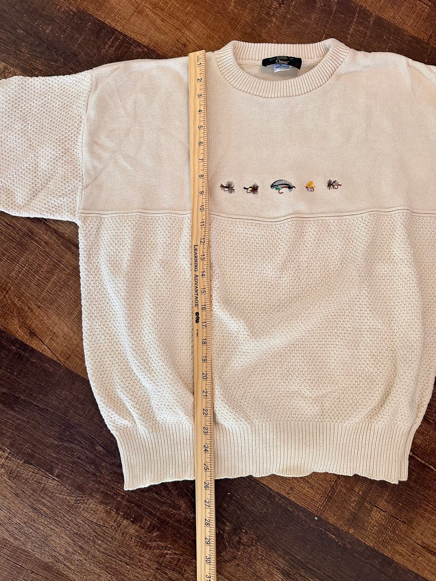 Vintage Orvis Crewneck Sweater (XL) Embroidered Flies - Cream White