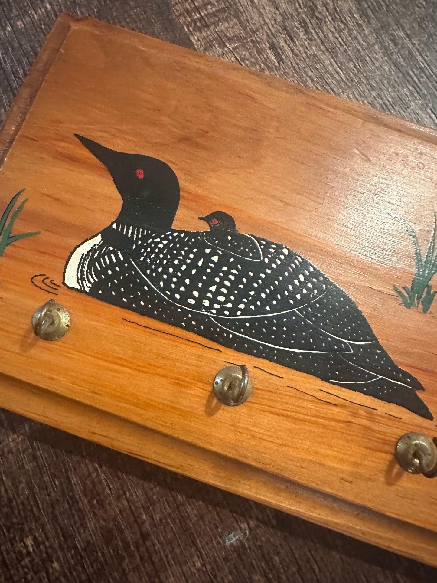Vintage Painted Loon Wooden Key Holder Plaque 8”x5.5”