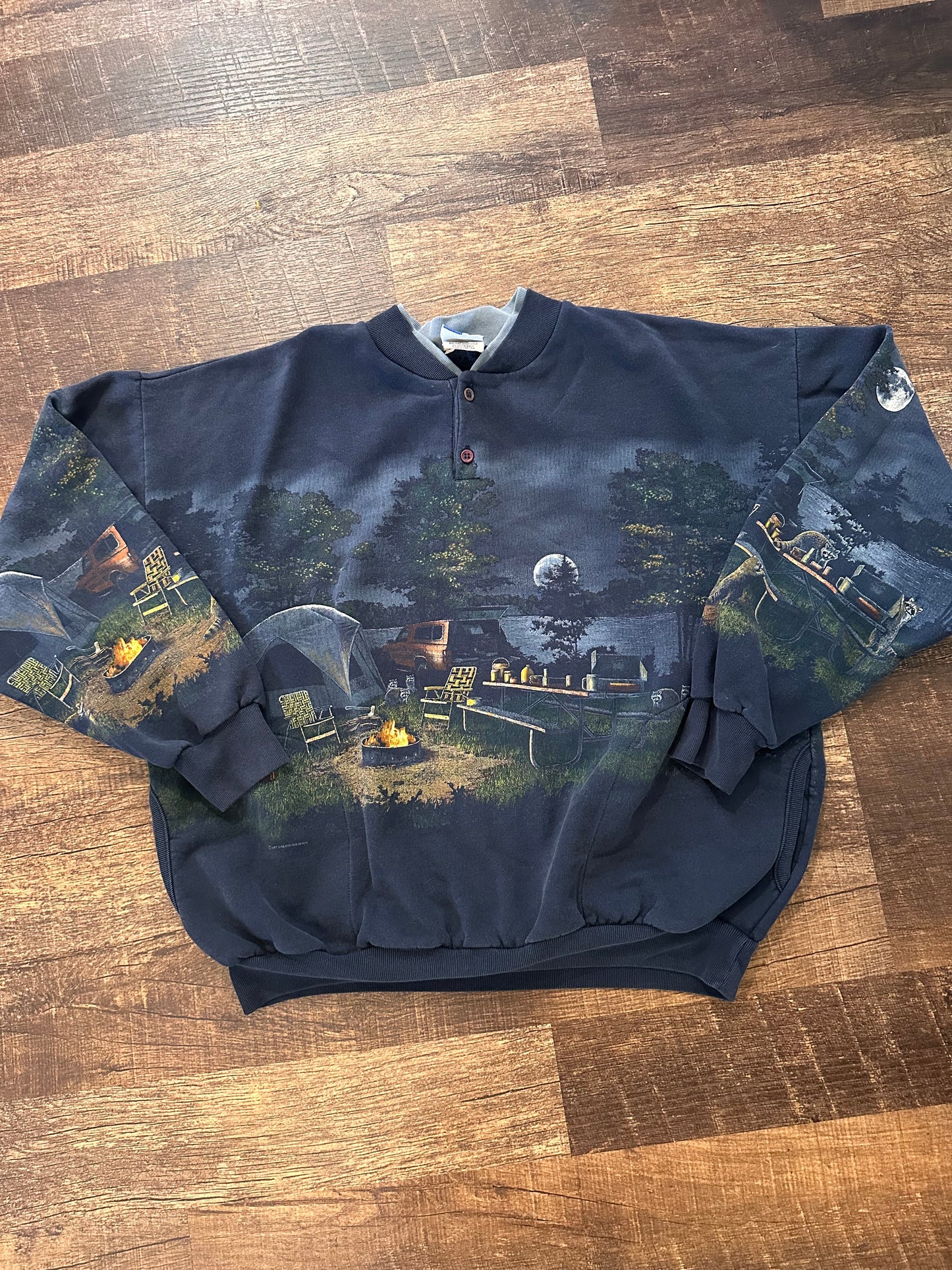 Vintage Art Unlimited Henley Crewneck (XL?) Camping Scene Lake