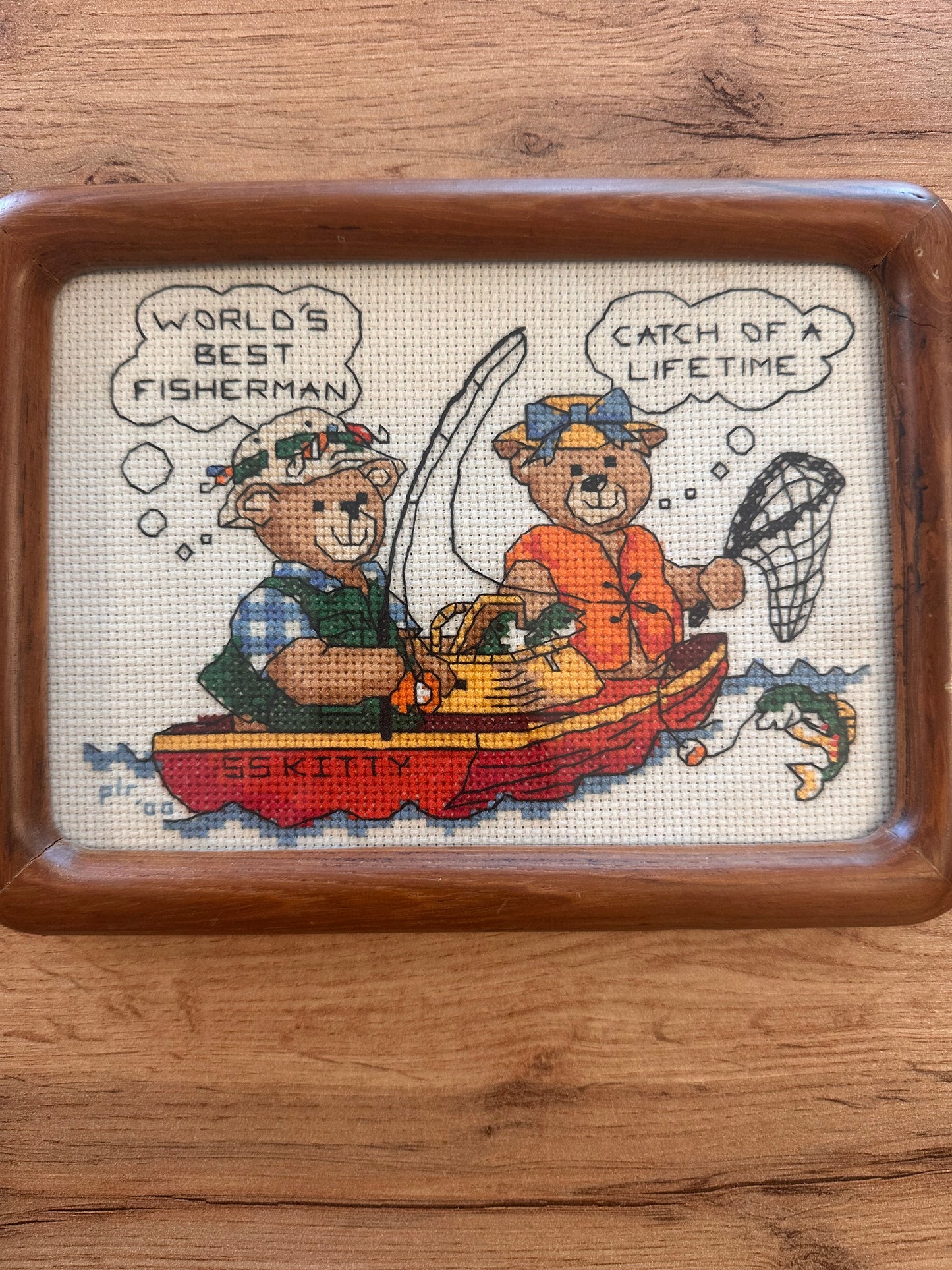 Vintage Framed Cross Stitch Fishing Couple Bears 8”x6”