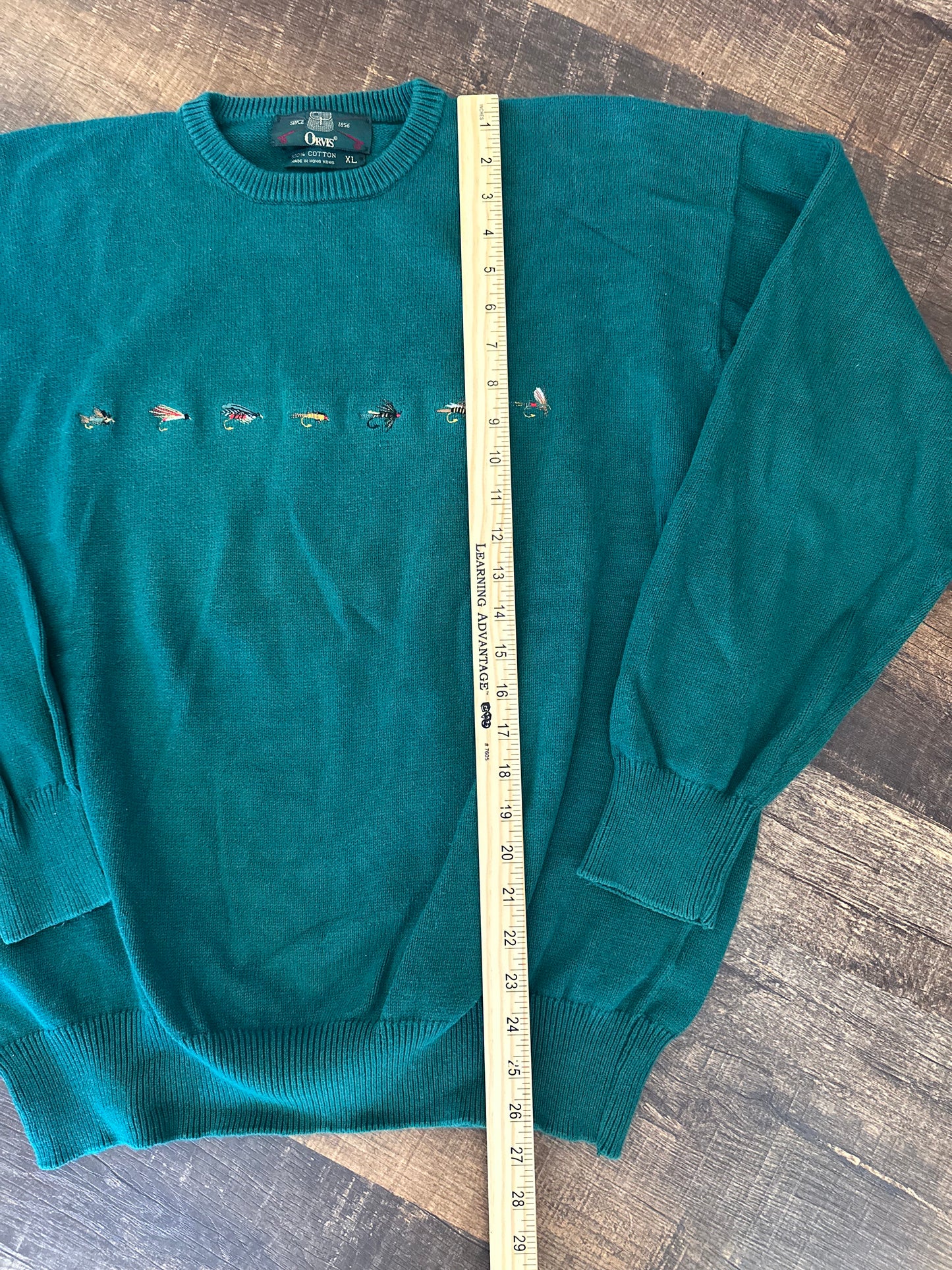 Rare Vintage Orvis Crewneck Sweater (XL) 7 Embroidered Flies - Green