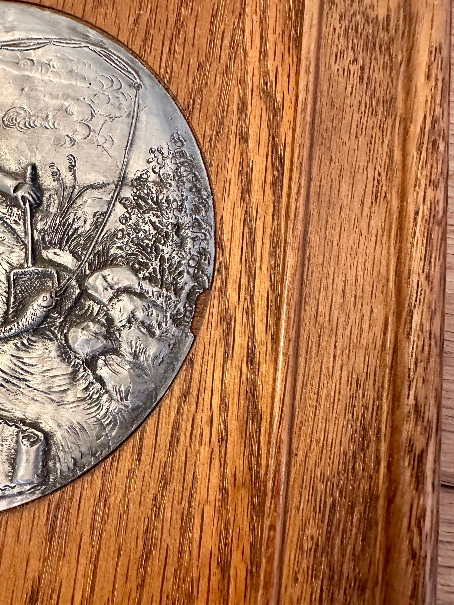 Vintage Pewter Relief Art Plate Mounted on Wood Frame - Fly Fishing Scene