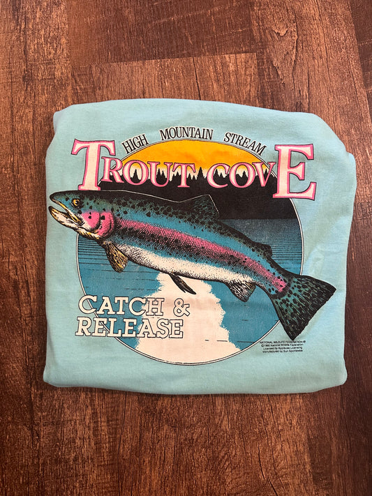 Vintage 1990 Sun Sportswear T (M) Trout Cove Catch & Release - Blue / Turquoise