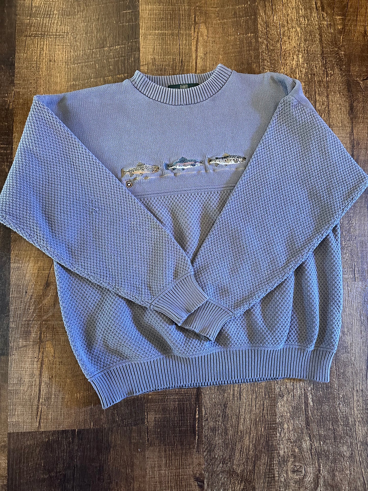 Vintage Orvis Sweater (L) Embroidered Trout and Fly Rod Light Blue