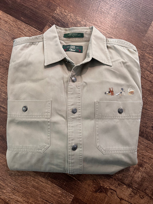 Vintage Orvis Khaki Button Down (L) Embroidered Flies and Metal Logo Buttons
