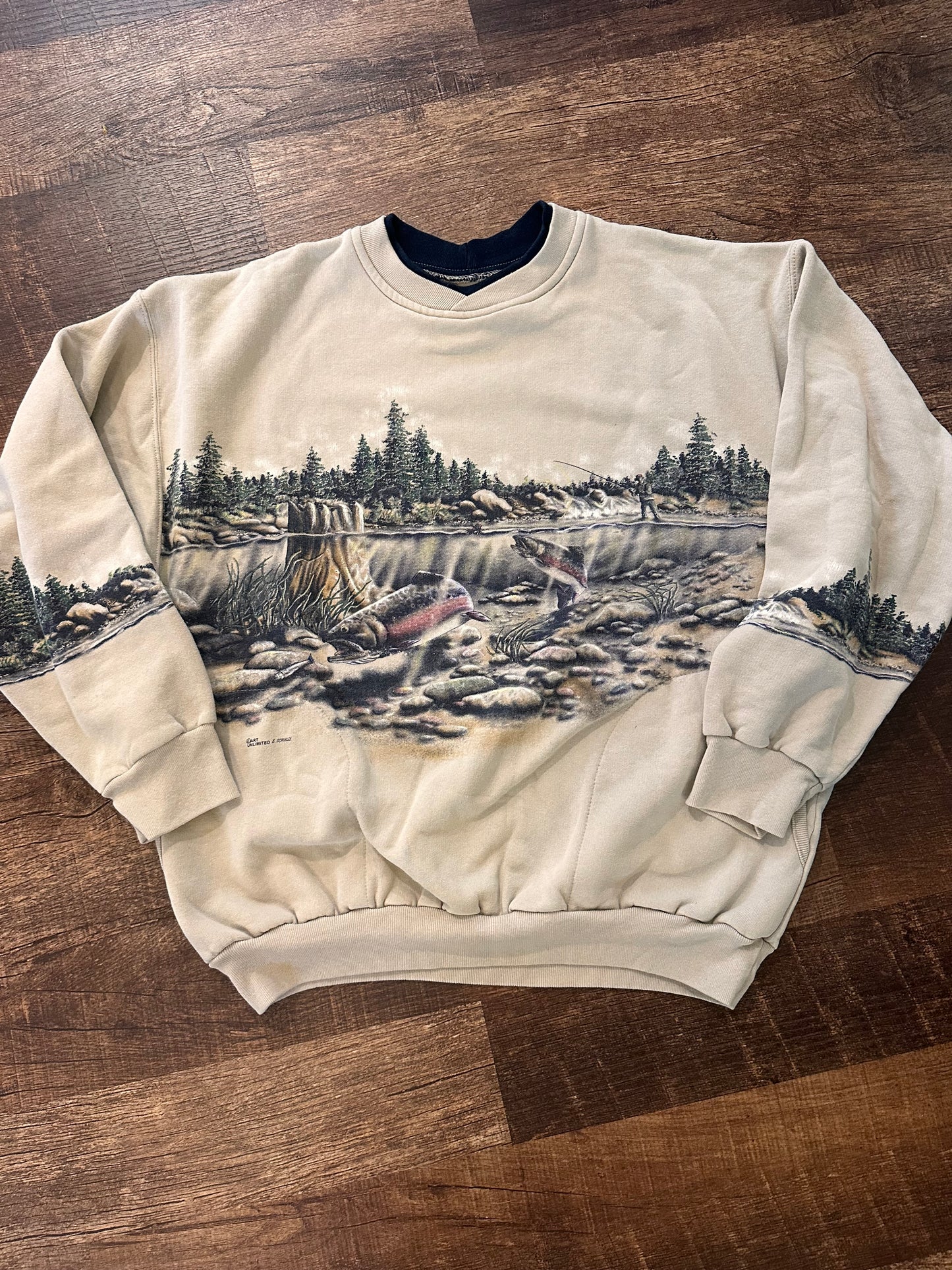 Vintage Art Unlimited Crewneck (L) Trout Fishing Scene