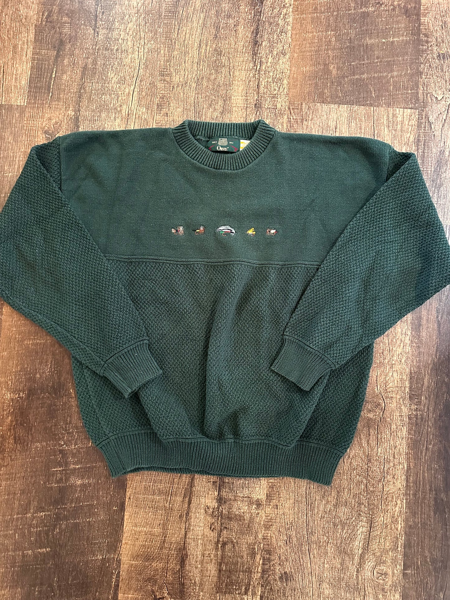 Vintage Orvis Crewneck Sweater (L) Embroidered Flies - Green