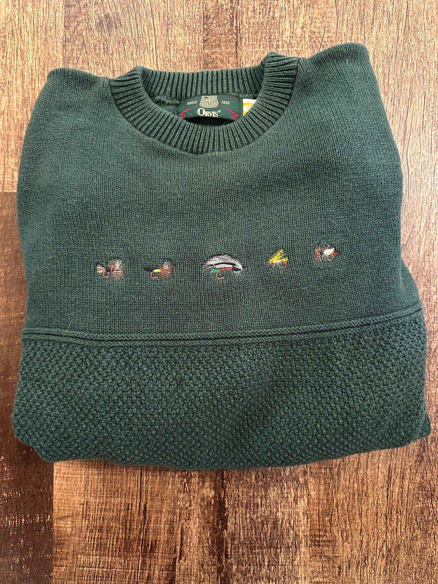 Vintage Orvis Crewneck Sweater (L) Embroidered Flies - Green
