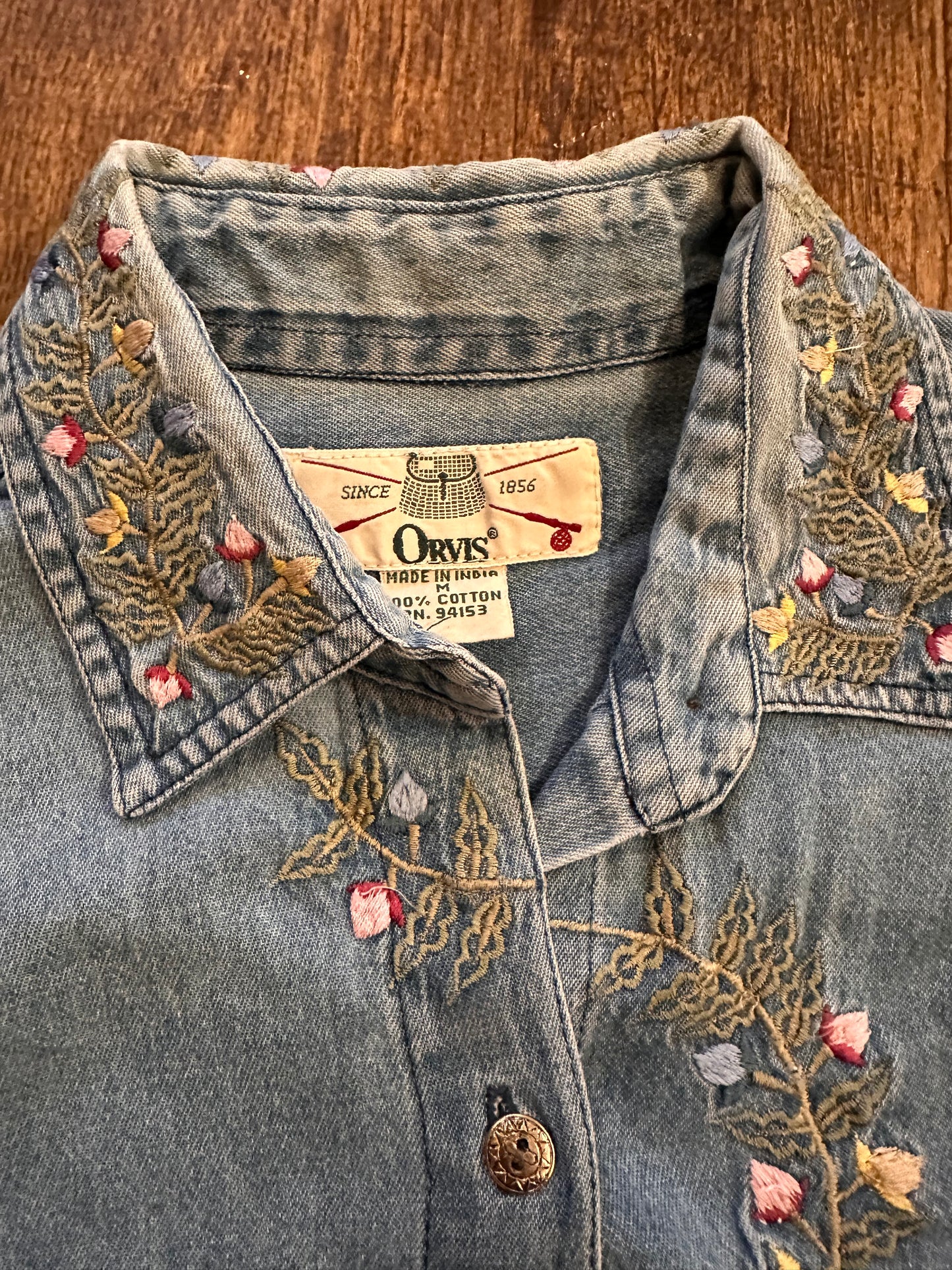 Vintage Orvis Button Down (Women M) Embroidered Flower Vine - Denim