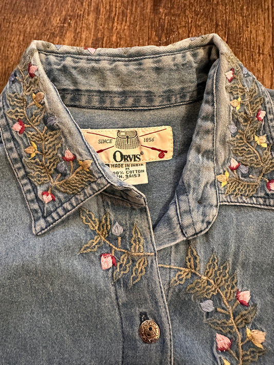 Vintage Orvis Button Down (Women M) Embroidered Flower Vine - Denim