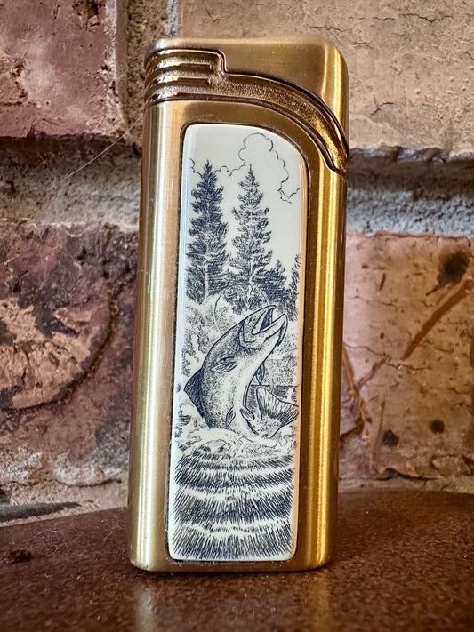 Vintage Colibri Butane Lighter - Brushed Gold with Carved Outdoor Trout Scene on Ivory Inlay