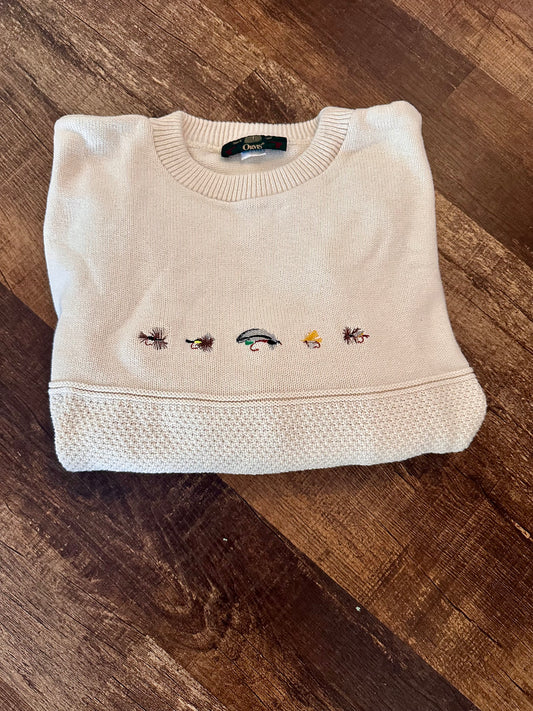 Vintage Orvis Crewneck Sweater (XL) Embroidered Flies - Cream White