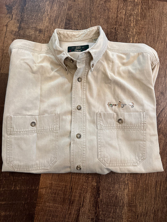 Vintage Orvis Khaki Button Down (L) Embroidered Flies