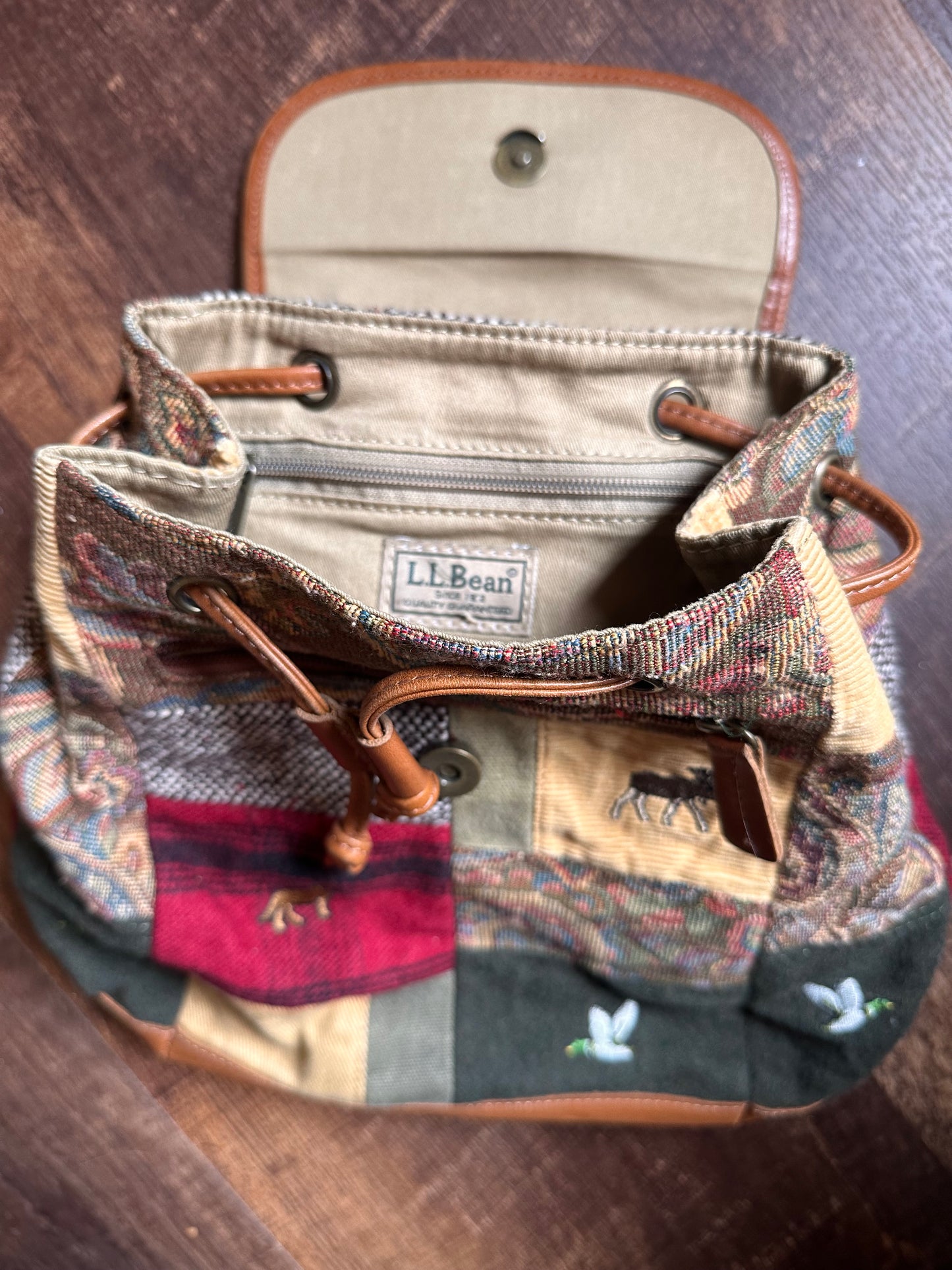 Vintage L.L. Bean Patchwork Mini Backpack - Embroidered Ducks, Dogs, Moose Motif