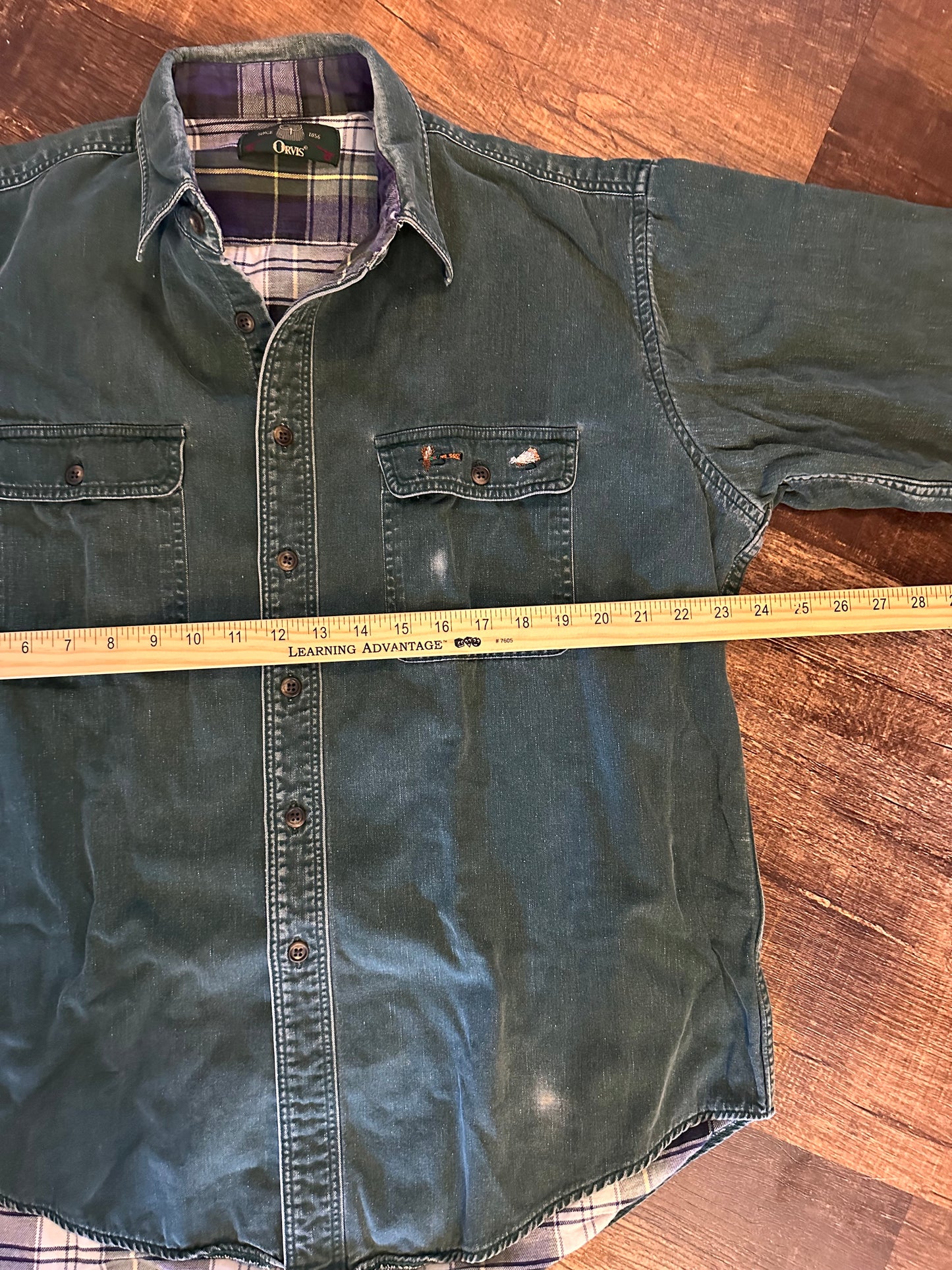Vintage Distressed Orvis Lined Button Down (L) Embroidered Fly Pocket and Elbow Patches - Forest Green
