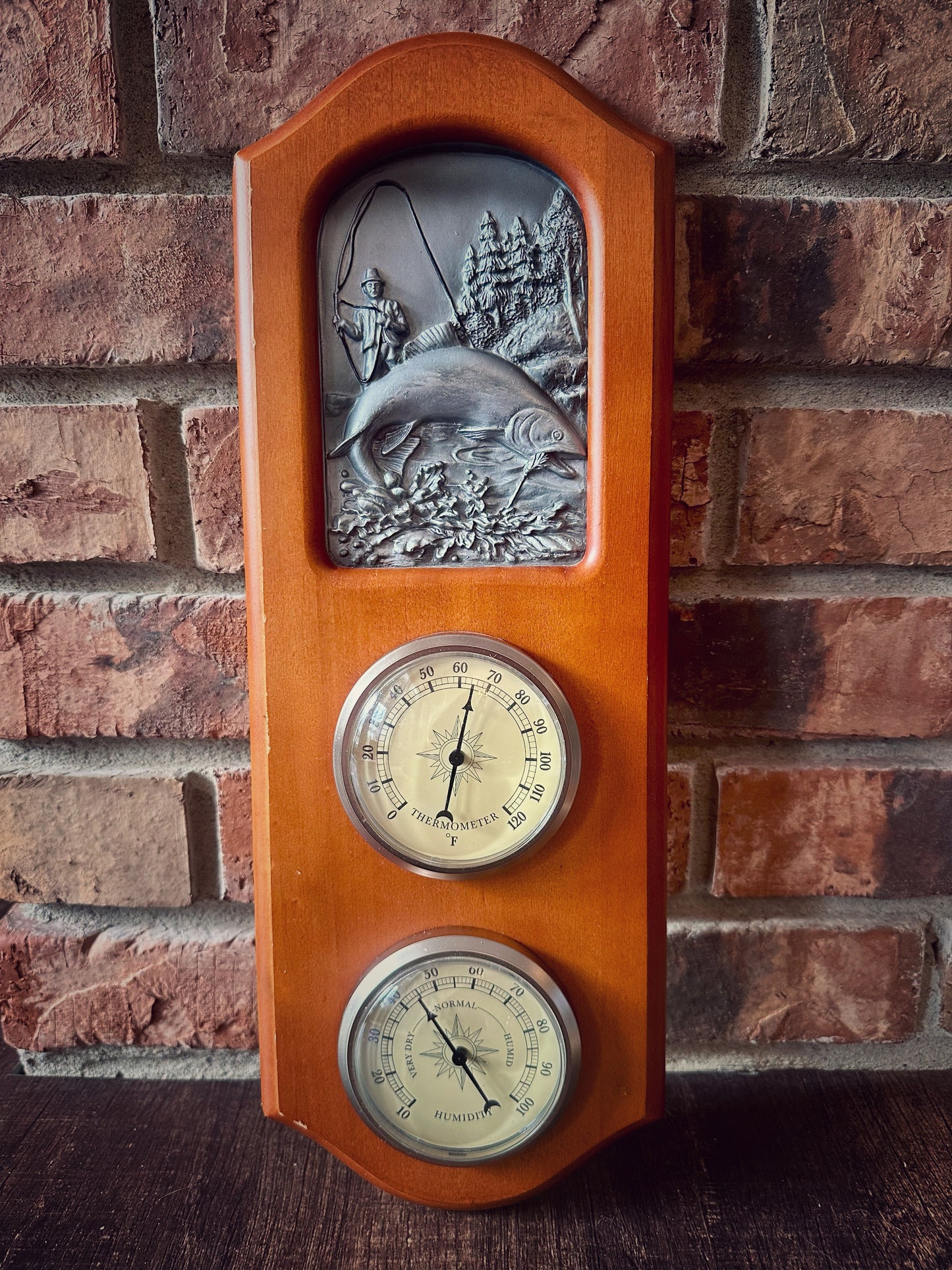 Vintage Thermometer and Hygrometer Weatherstation Featuring Fisherman and Trout in Mountains Scene