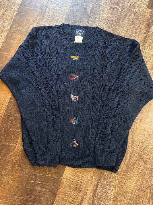 Vintage Woolrich Knit Sweater (L) Embroidered Flies - Navy