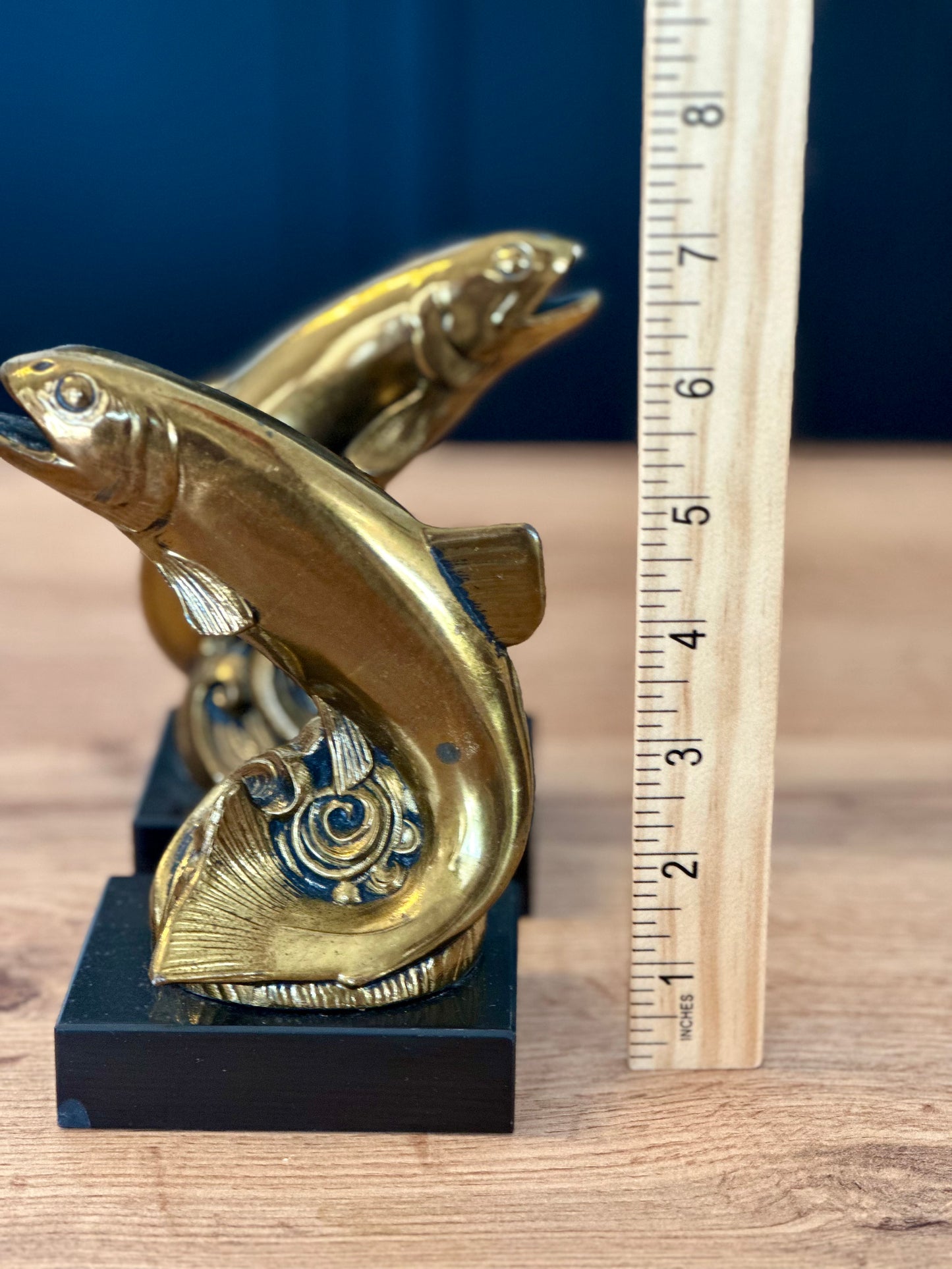Vintage Metal Gold and Onyx Trout Bookends