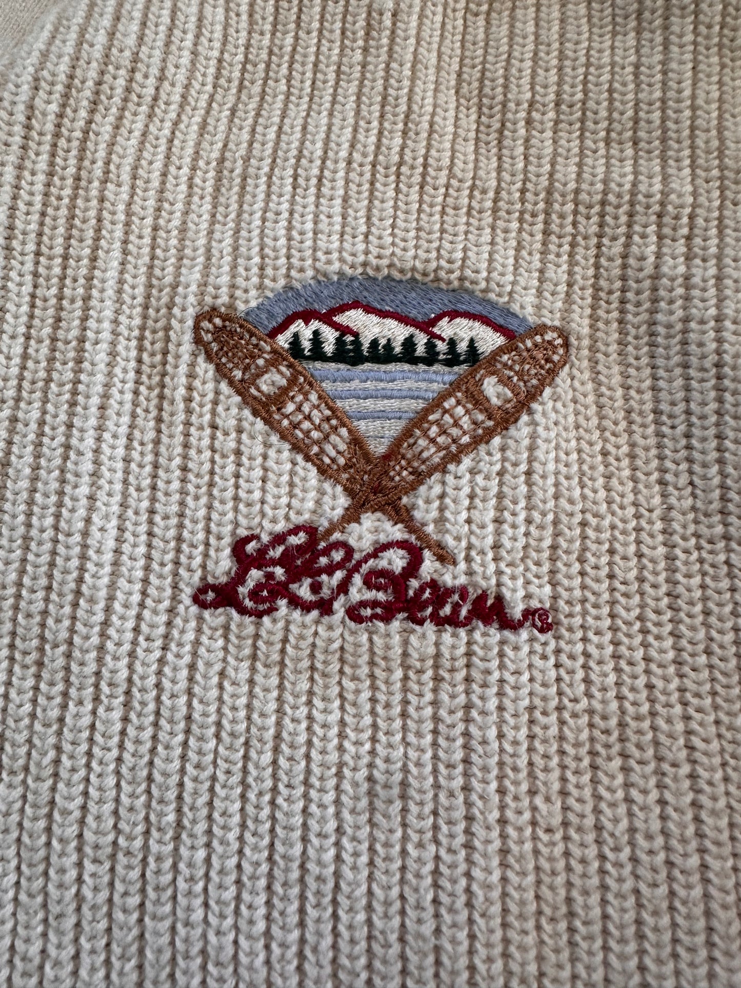 Vintage L.L. Bean Henley Sweater (XL) Embroidered Snowshoe Logo - Cream/White