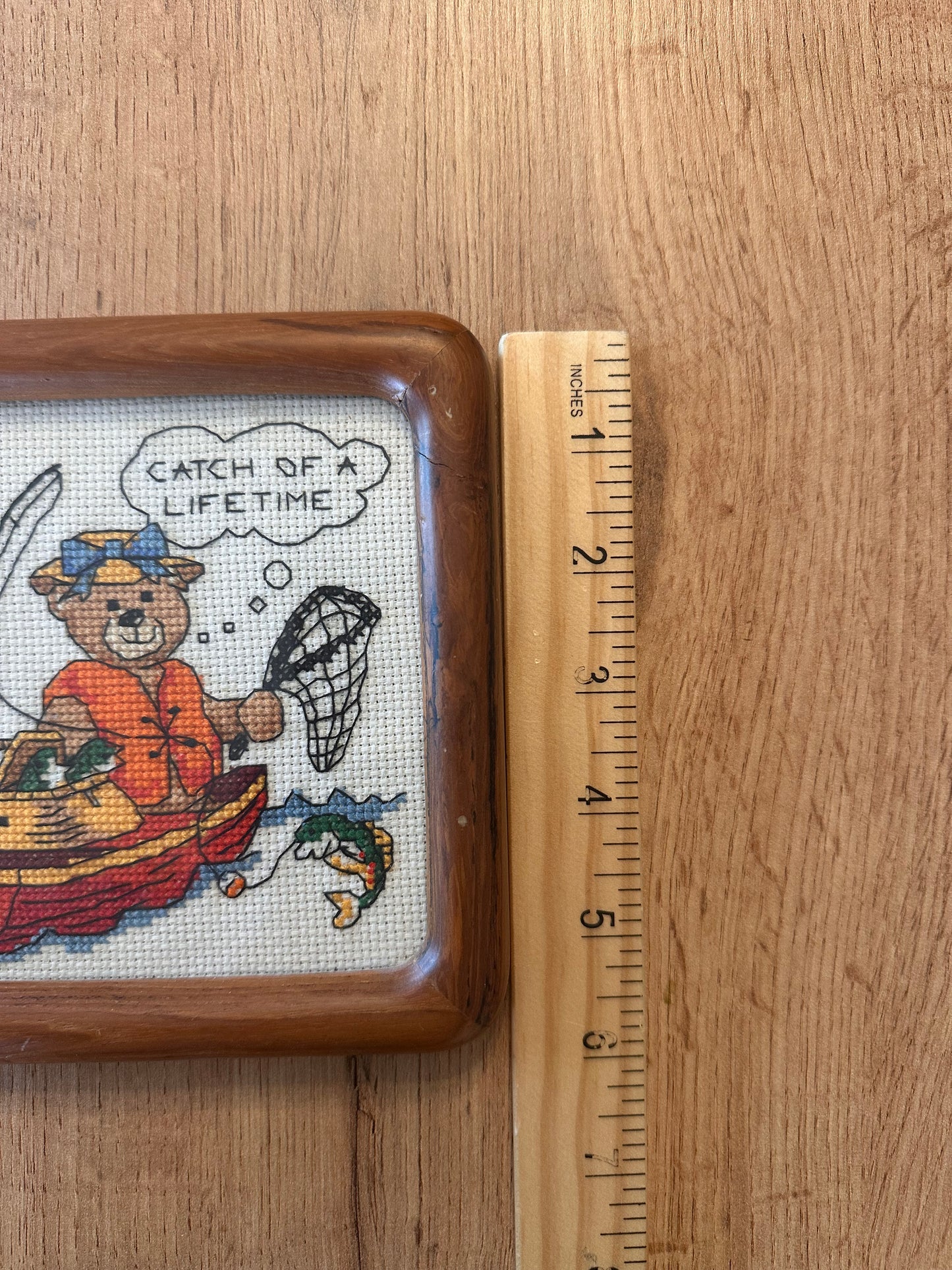 Vintage Framed Cross Stitch Fishing Couple Bears 8”x6”
