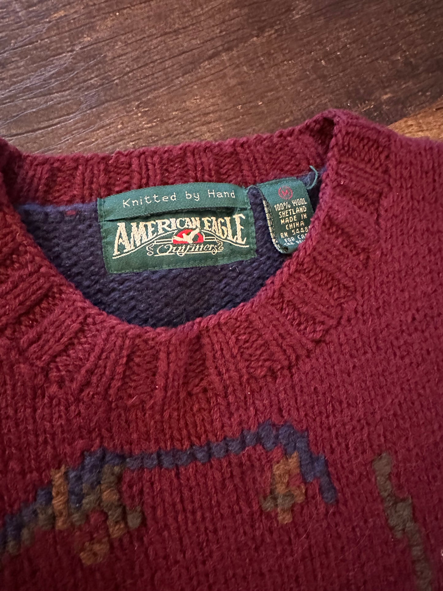 Vintage American Eagle Outfitters Wool Knit Sweater (M) Fly Fisherman - Maroon