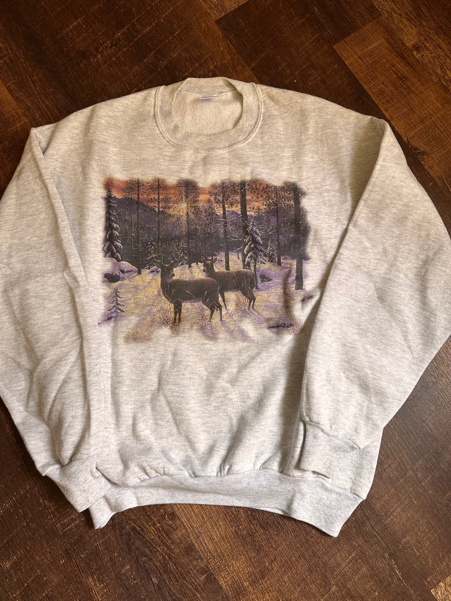 Vintage Jerzees Sweatshirt (XL) Deer and Sunrise in Nature Art Print