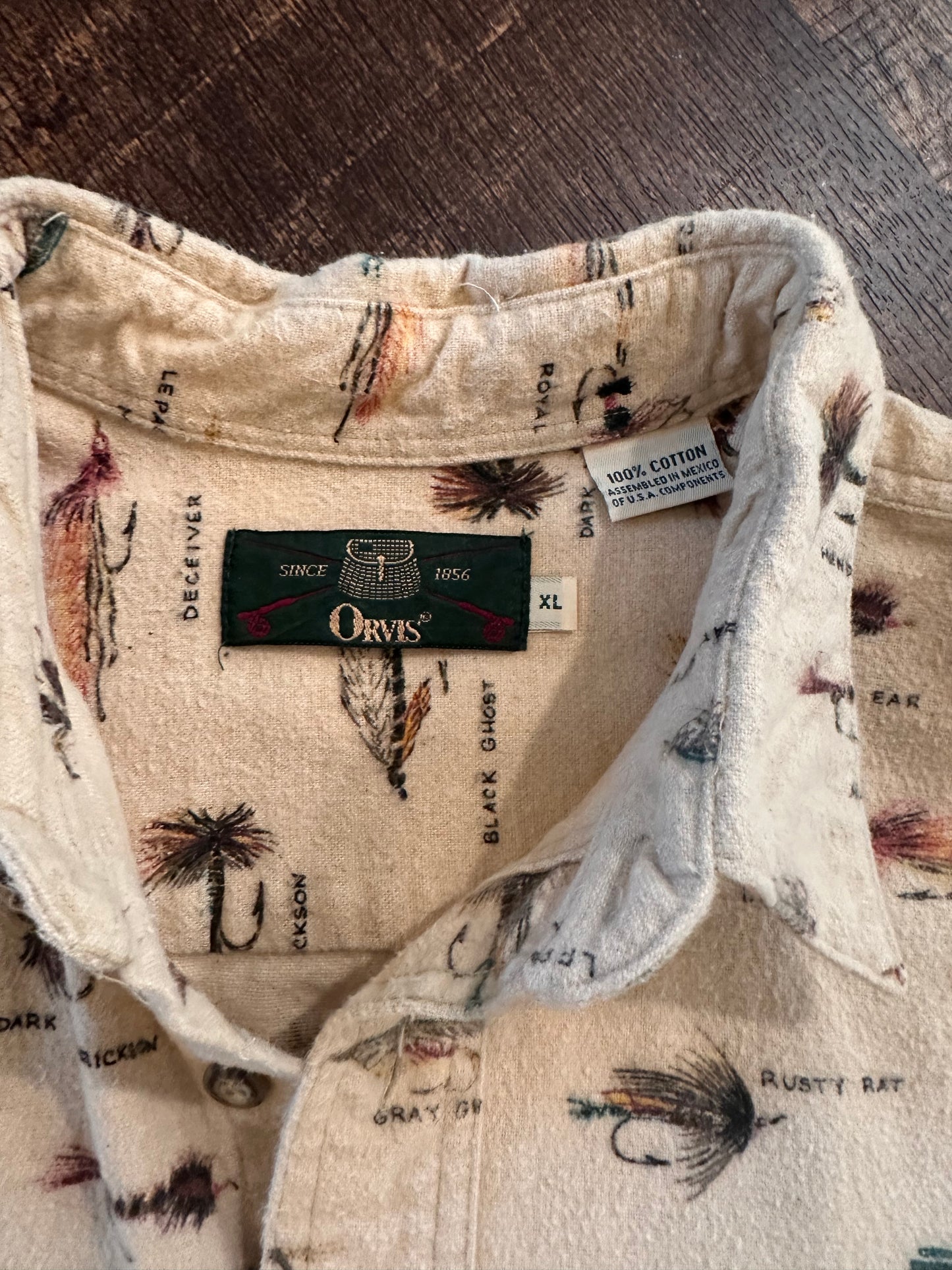Vintage Orvis Flannel (XL) Fly Patterns - Beige