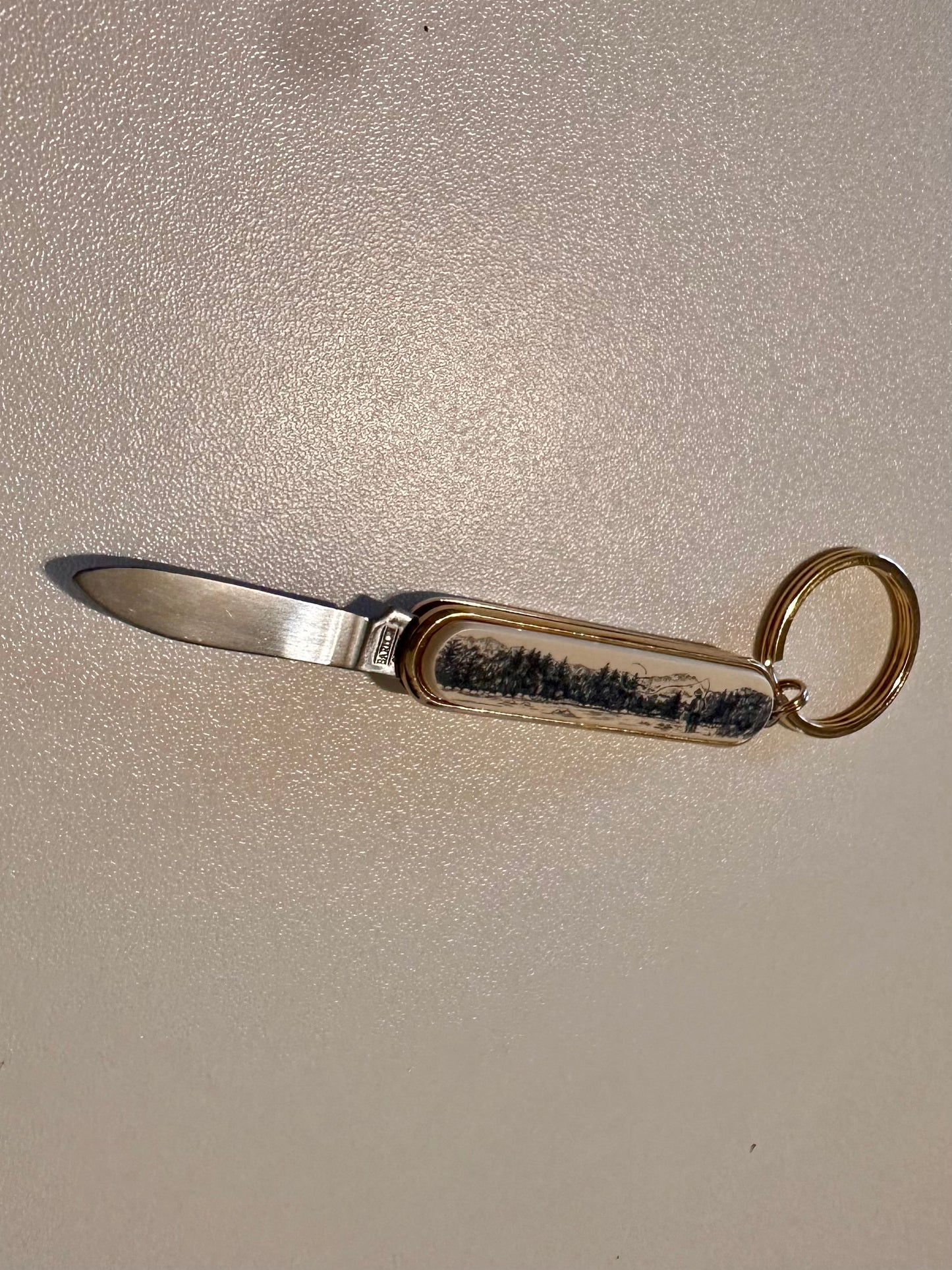 Vintage Barlow Keychain Pocket Knife Featuring Gold Tone Fly Fisherman Scene and Fly Lure (New in Box)