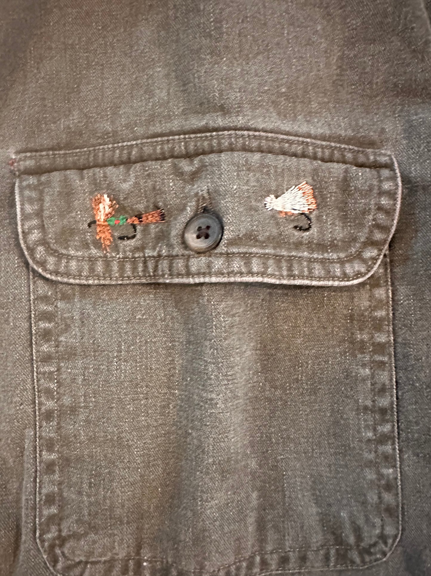 Vintage Orvis Button Down Flannel Lined (M) Embroidered Flies - Gray
