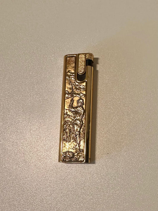 Vintage Flamex Toronado Lighter Featuring Raised Fly Fisherman 3" Gold Tone