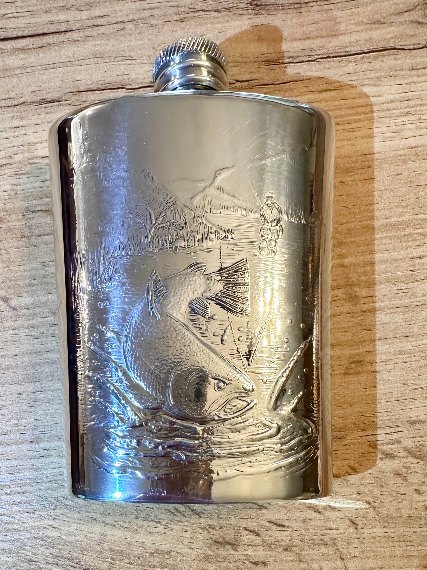 Vintage Alchemy Pewter Flask - Engraved Fly Fishing Scene