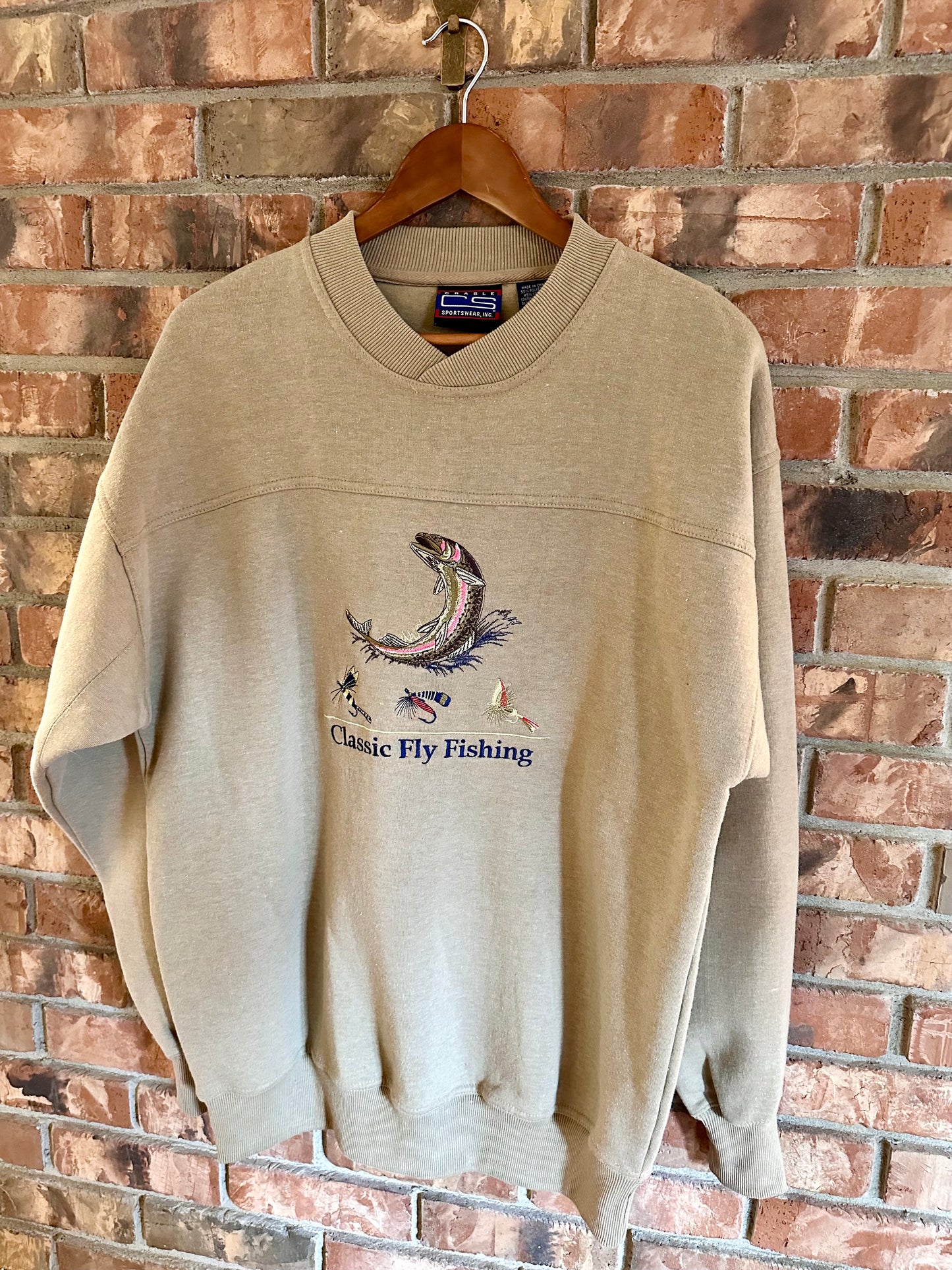 Vintage Crable Sportswear Sweatshirt (L) Embroidered Classic Fly Fishing Trout and Fly Beige