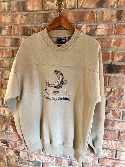 Vintage Crable Sportswear Sweatshirt (L) Embroidered Classic Fly Fishing Trout and Fly Beige