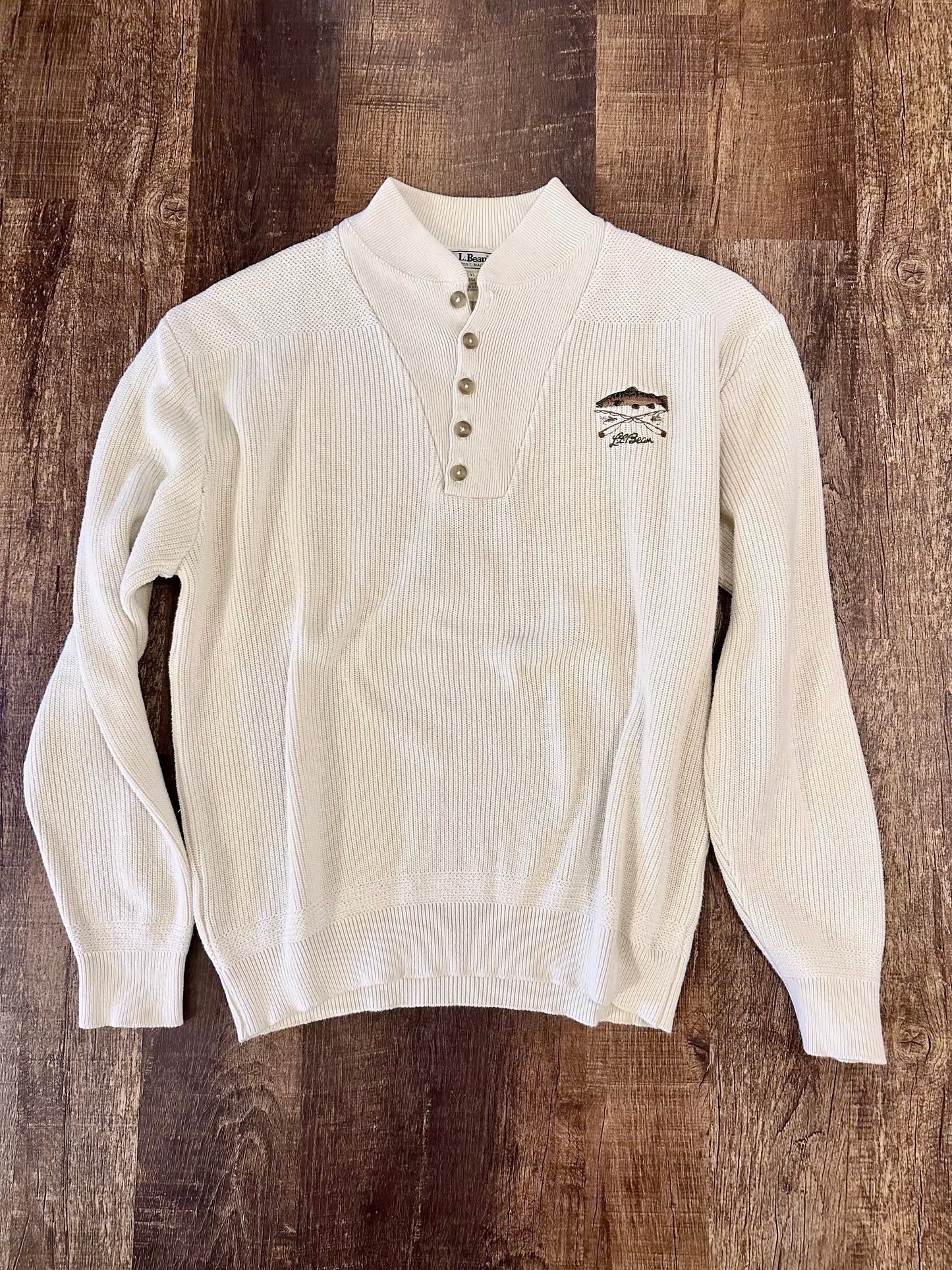 Vintage L.L. Bean Henley Sweater (L) Embroidered Trout & Fly Rods Cream White